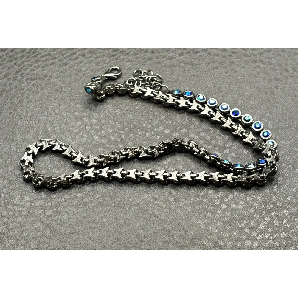 Japanned Dark Silver Tone Blue Aurora Borealis Crystal Tennis Necklace 17-19